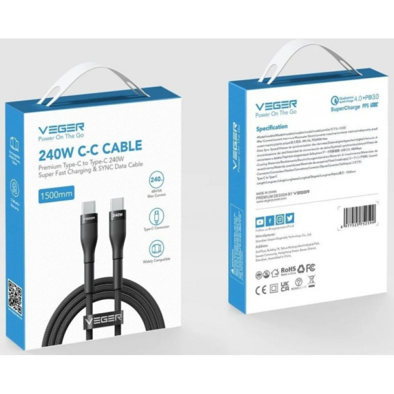 Veger CC03 USB-C–USB-C vads, PD 48 V 5 A 240 W, 1,5 m, melns