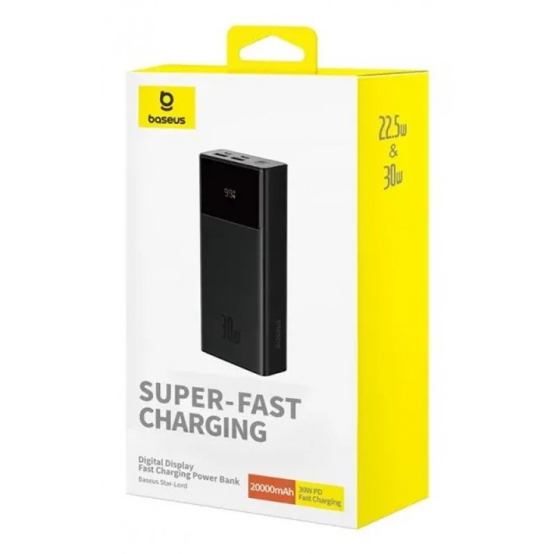 Baseus Star-Lord ārējais akumulators, 20000 mAh, 30 W, ar displeju un kabeli, melns