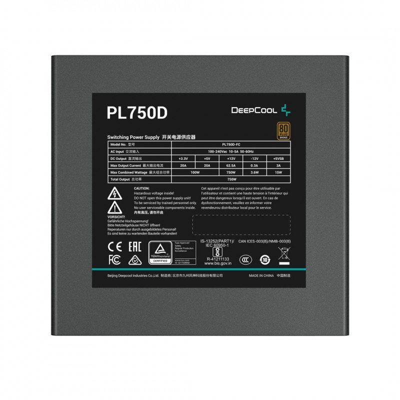 DeepCool PL750D R-PL750D-FC0B-EU barošanas bloks, 750 W, 20+4 kontaktu ATX, melns