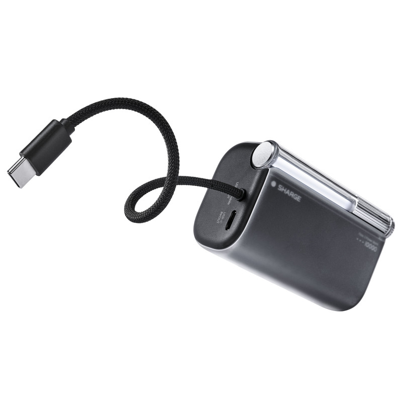 SHARGE Flow 3 ārējais akumulators, 10 000 mAh, 45 W PD, USB-C kabelis, melns