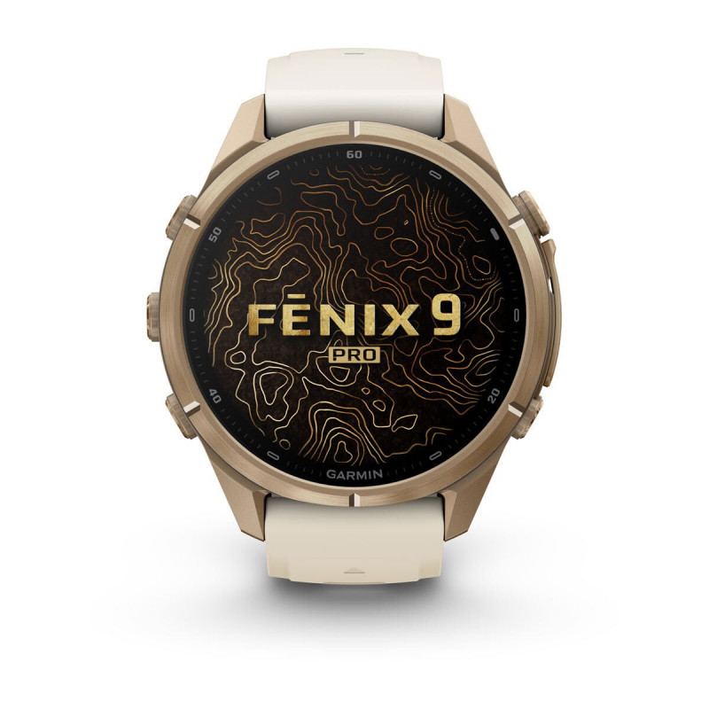 Garmin Fenix 9 Pro 010-04335-26 viedpulkstenis, 43 mm, rudens zelta krāsas titāns, krēmkrāsas/franču pelēka silikona siksniņa