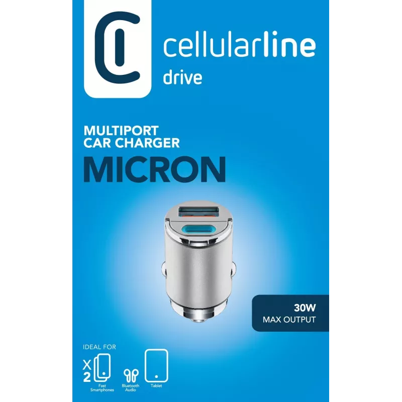Cellularline Micron 30 W auto lādētājs, vairāku portu USB-C/USB-A