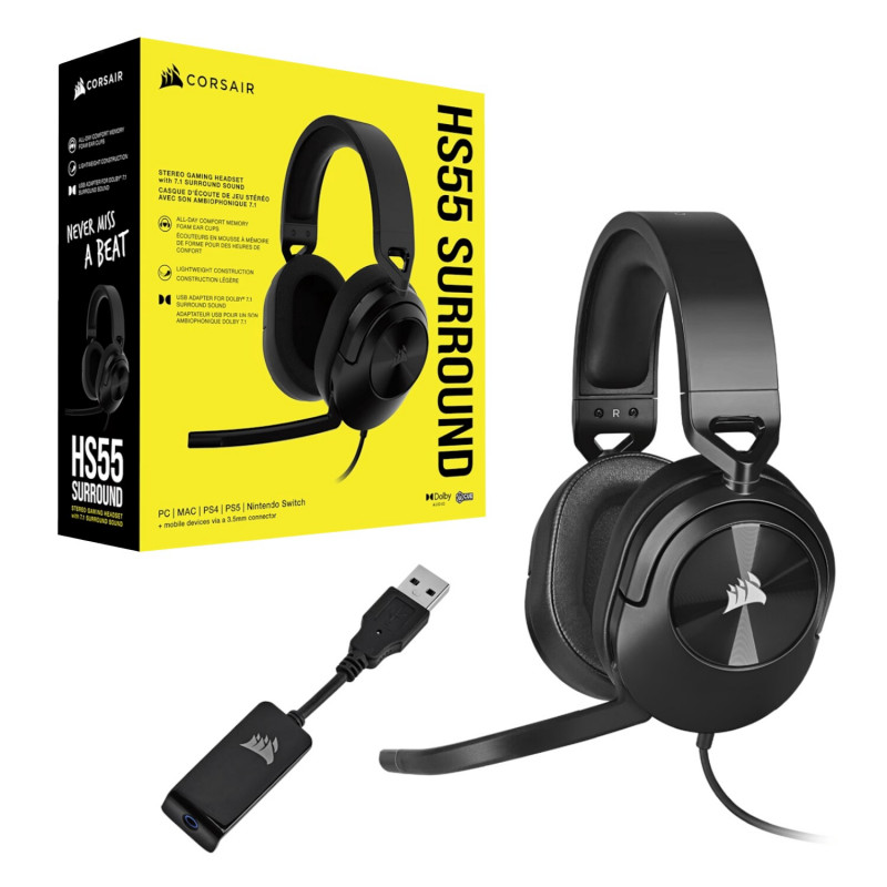 Corsair HS55 Surround CA-9011260-AP vadu spēļu austiņas ar mikrofonu, Dolby Audio 7.1, oglekļa melnas
