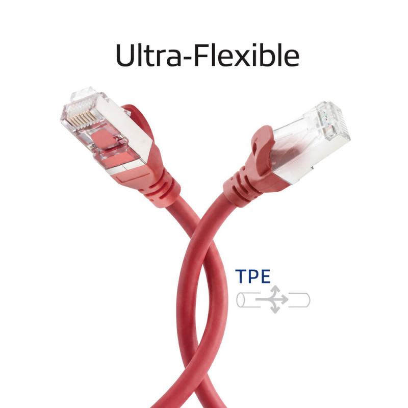 ACT FC2552 īpaši elastīgs CAT6A S/FTP savienojuma kabelis, 0,25 m, TPE, RJ45, ar aizsardzību pret aizķeršanos, sarkans