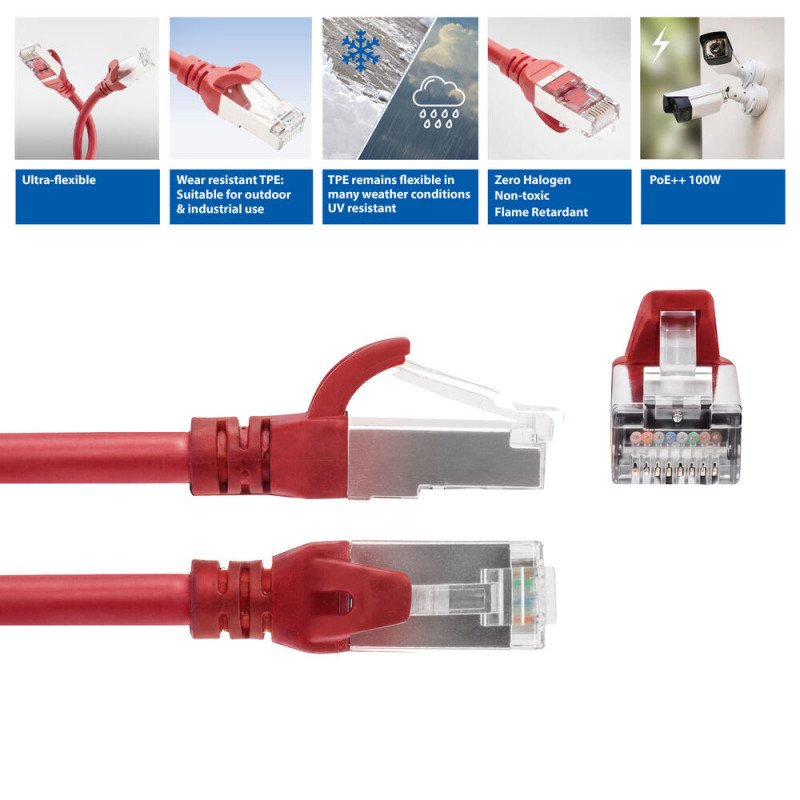 ACT FC2552 īpaši elastīgs CAT6A S/FTP savienojuma kabelis, 0,25 m, TPE, RJ45, ar aizsardzību pret aizķeršanos, sarkans