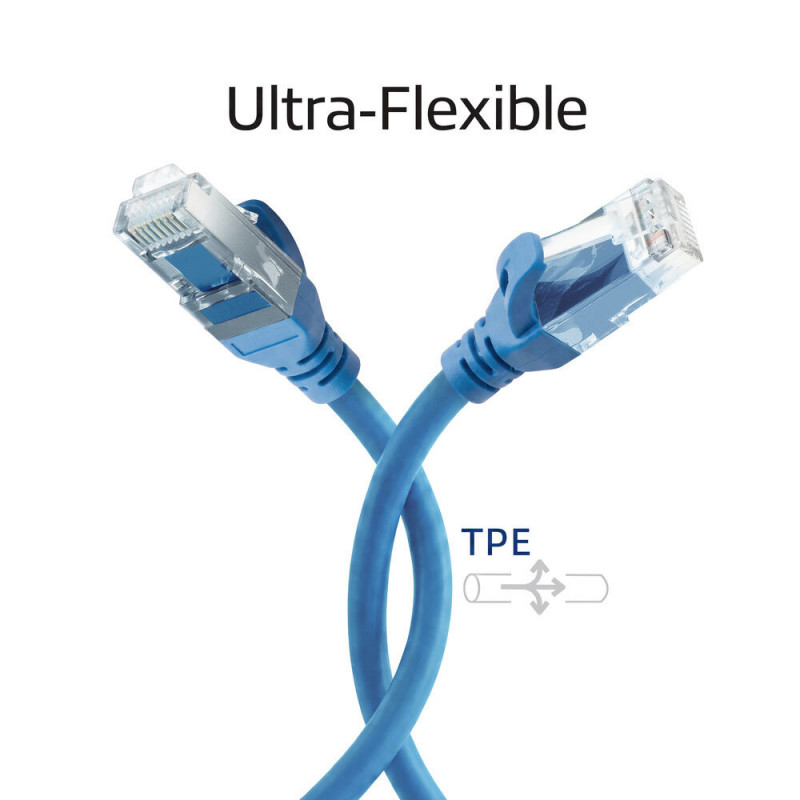 ACT FC1601 īpaši elastīgs CAT6A U/UTP savienojuma kabelis ar RJ45 savienotājiem, 1 m, TPE, ar aizķeršanās aizsardzību, zils