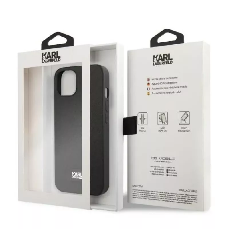 Karl Lagerfeld KLHCP13MSFMP2K cietais apvalks iPhone 13 / 14 / 15, Saffiano Plaque, melns