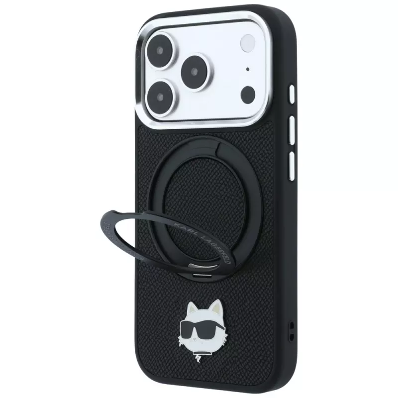 Karl Lagerfeld KF003216 Ring Stand 360 Choupette Head Pin MagSafe vāciņš iPhone 18 Pro Max / 17 Pro Max tālrunim, melns