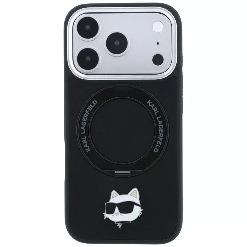 Karl Lagerfeld KF003216 Ring Stand 360 Choupette Head Pin MagSafe vāciņš iPhone 18 Pro Max / 17 Pro Max tālrunim, melns