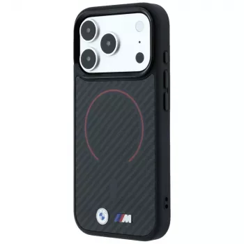BMW M Kevlar Red Print Ring Metal Logo MagSafe apvalks iPhone 18 Pro Max / 17 Pro Max, melns
