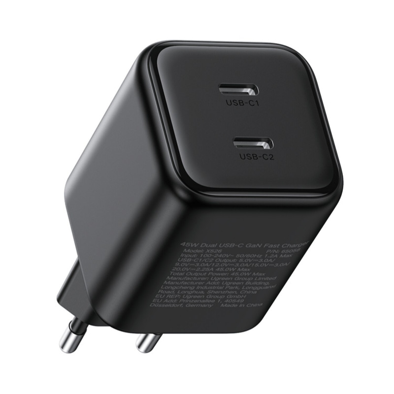 Ugreen X526 lādētājs 45 W, 2 x USB-C, GaN, melns