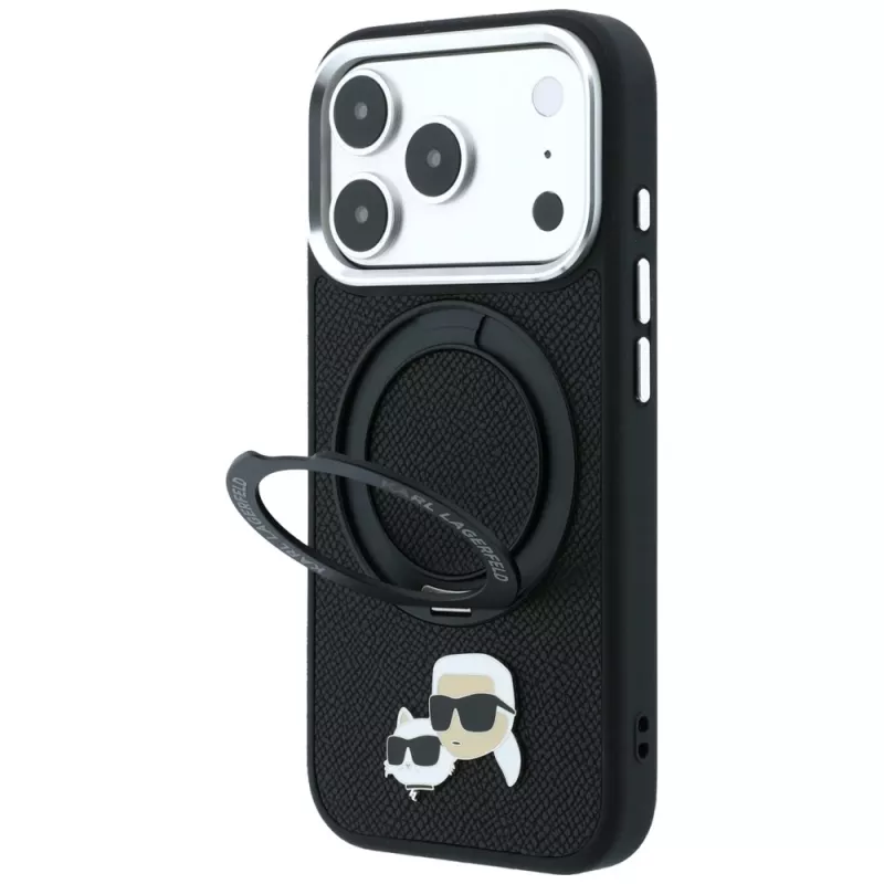 Karl Lagerfeld Ring Stand 360 Karl & Choupette Heads Pin apvalks ar MagSafe iPhone 18 Pro / 17 Pro, melns