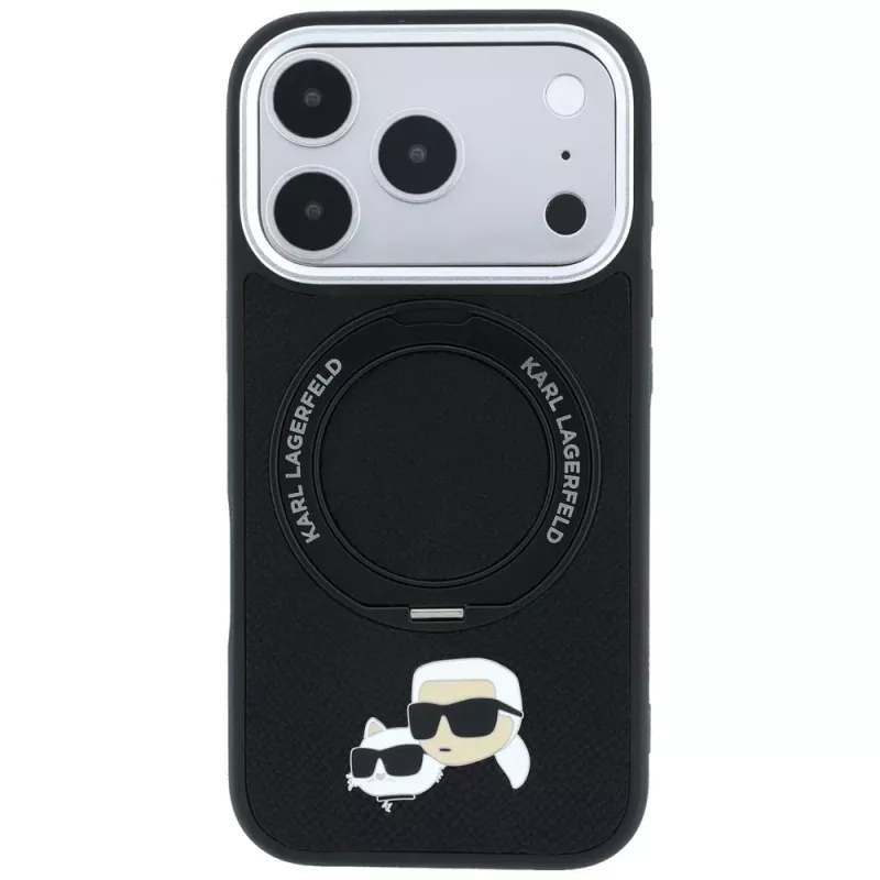 Karl Lagerfeld Ring Stand 360 Karl & Choupette Heads Pin apvalks ar MagSafe iPhone 18 Pro / 17 Pro, melns