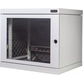 Silence Rack 99SRWV124GG skaņu izolējošs 19 collu sienas tīkla skapis, 12 U, dziļums 450 mm, caurspīdīgas durvis, 1 kluss ventilators, gaiši pelēks
