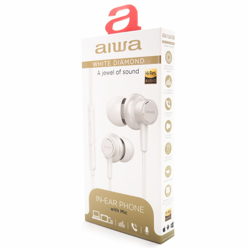 Aiwa ESTM-500W vadu austiņas ar mikrofonu, 3,5 mm pieslēgvieta, baltas