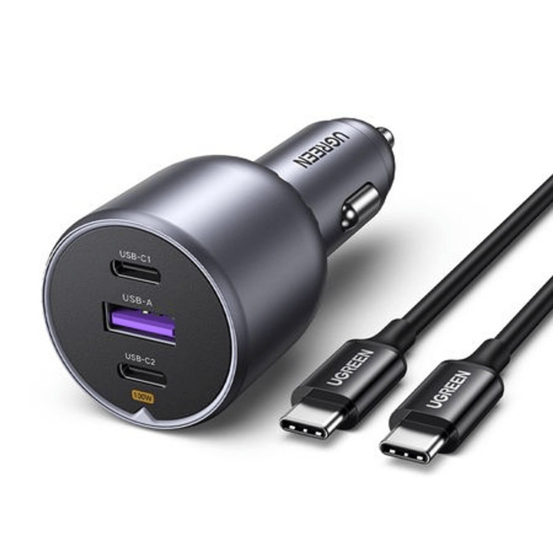 Ugreen EC705 auto lādētājs, USB + 2x USB-C, 130 W, ar 1 m 5 A kabeli
