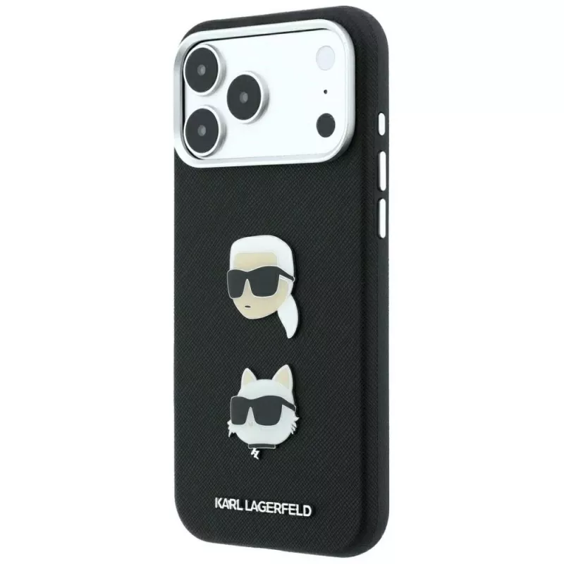 Karl Lagerfeld KF003250 apvalks iPhone 18 Pro Max / 17 Pro Max, Saffiano with Karl & Choupette Heads Pins & Logo, melns
