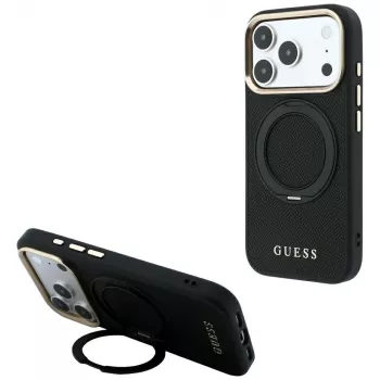 Guess GUE005670 apvalks iPhone 18 Pro Max / 17 Pro Max, Ring Stand 360 Grained Classic Logo, MagSafe, melns