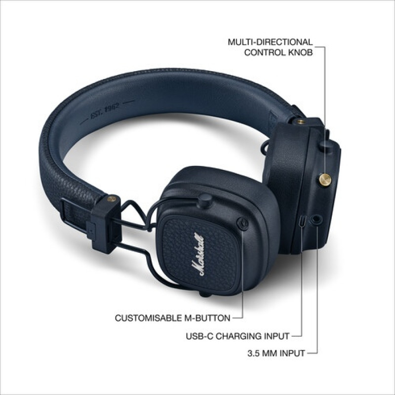 Marshall Major V bezvadu austiņas, Bluetooth 5.3, tumši zilas