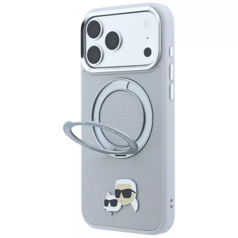 Karl Lagerfeld KF003229 vāciņš ar 360 gredzenu-statīvu Karl & Choupette Heads Pin MagSafe iPhone 18 Pro / 17 Pro, pelēks