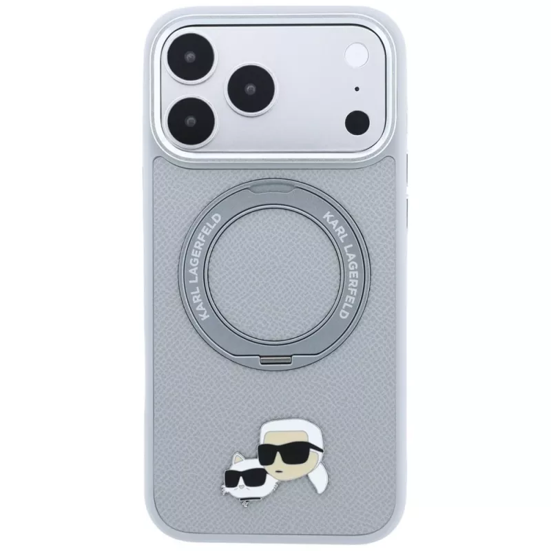 Karl Lagerfeld KF003229 vāciņš ar 360 gredzenu-statīvu Karl & Choupette Heads Pin MagSafe iPhone 18 Pro / 17 Pro, pelēks