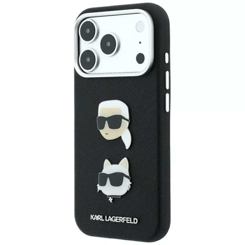 Karl Lagerfeld KF003249 Saffiano with Karl & Choupette Heads Pins & Logo apvalks iPhone 18 Pro / 17 Pro, melns