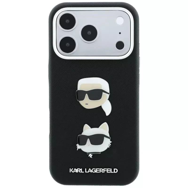 Karl Lagerfeld KF003249 Saffiano with Karl & Choupette Heads Pins & Logo apvalks iPhone 18 Pro / 17 Pro, melns