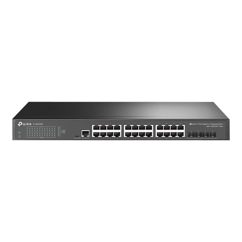 TP-Link SG3428X 24 portu 10/100/1000 Mbps pārvaldāms L2+ slēdzis, 4 SFP+ porti, uzstādāms statnē