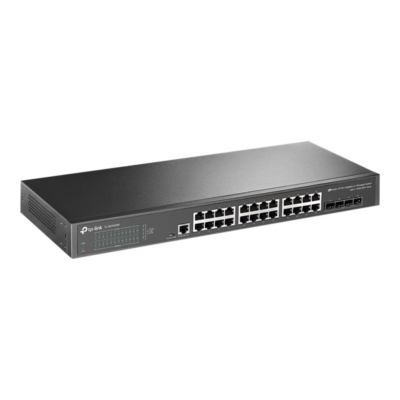 TP-Link SG3428X 24 portu 10/100/1000 Mbps pārvaldāms L2+ slēdzis, 4 SFP+ porti, uzstādāms statnē