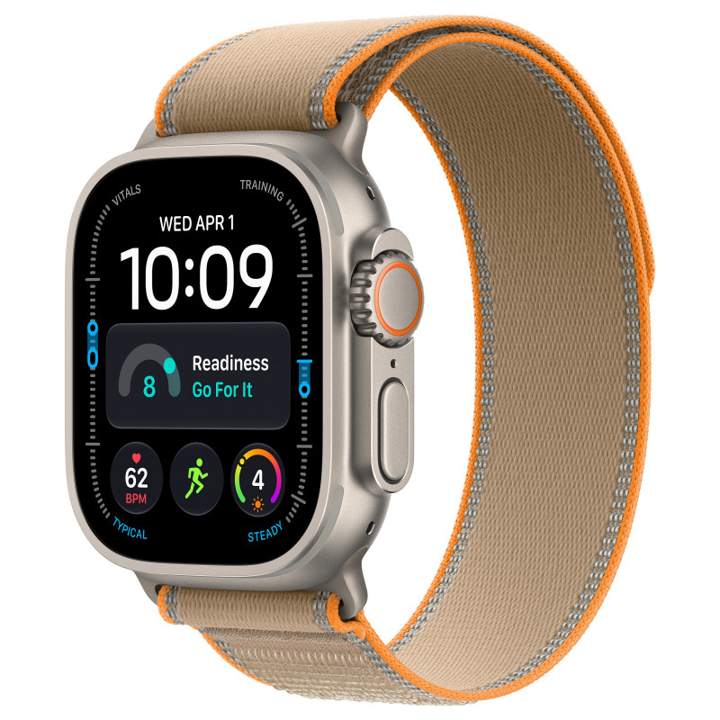 Apple Watch Ultra 4 GPS + Cellular 49 mm viedpulkstenis, dabiskā titāna korpuss, smilškrāsas Trail Loop siksniņa, S/M, MJAJ4QF/A