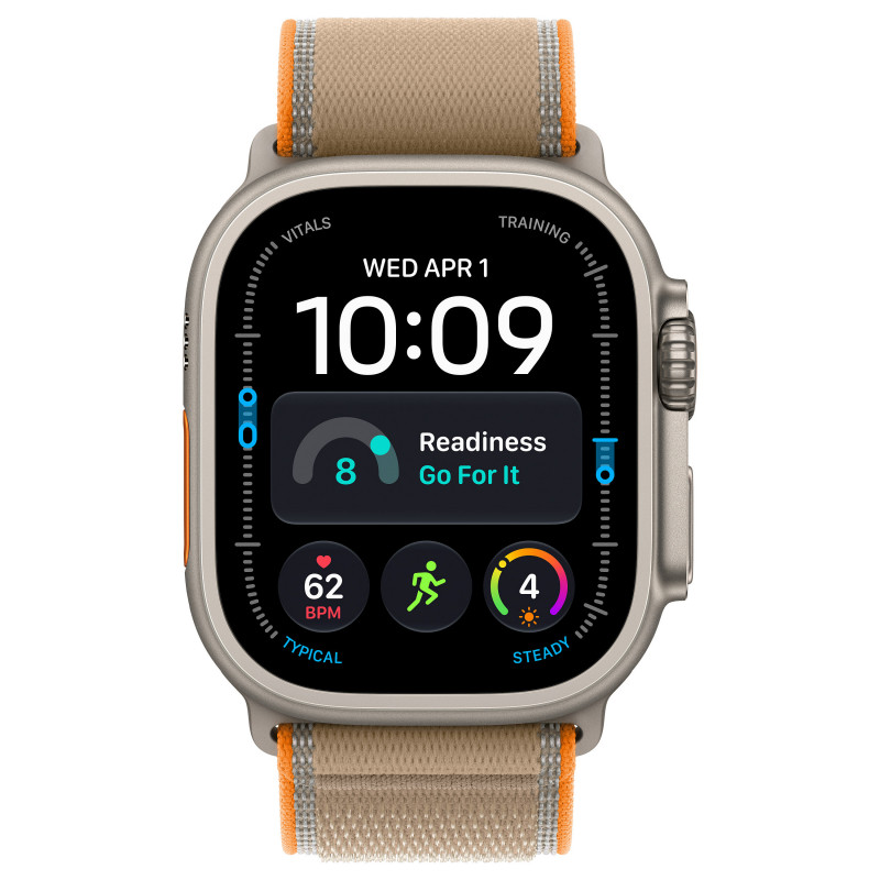 Apple Watch Ultra 4 GPS + Cellular 49 mm viedpulkstenis, dabiskā titāna korpuss, smilškrāsas Trail Loop siksniņa, S/M, MJAJ4QF/A