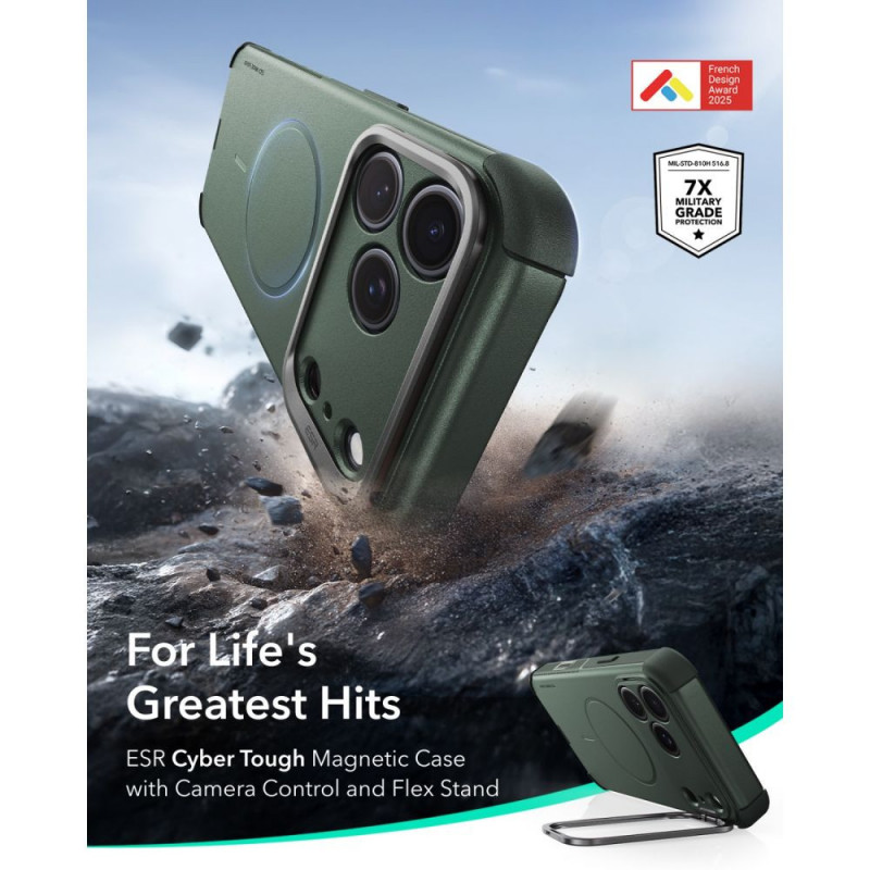 ESR Cyber Tough Kickstand MagSafe apvalks Apple iPhone 17 Pro / 18 Pro, zaļš