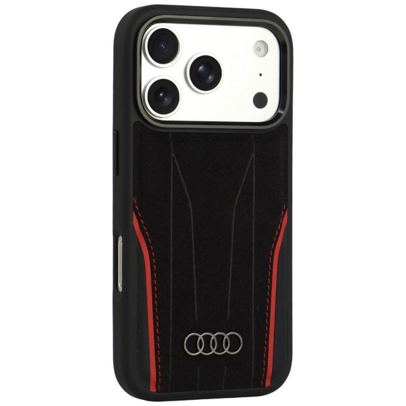 Audi R8 Genuine Leather MagSafe apvalks no īstas ādas iPhone 18 Pro / 17 Pro, melns ar sarkanu (AUDI000239)