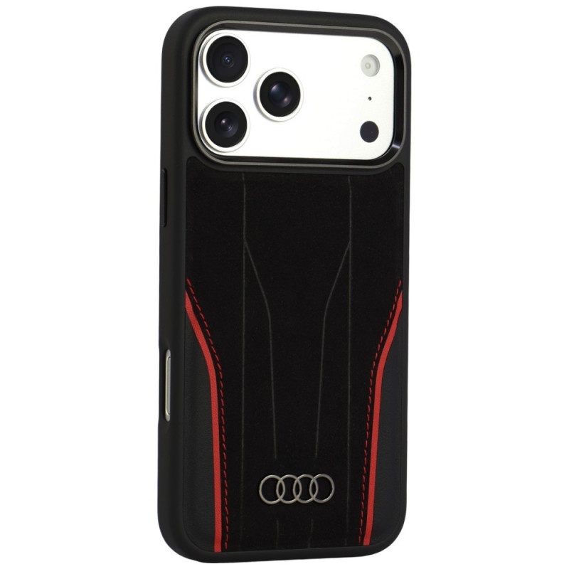 Audi R8 Genuine Leather MagSafe apvalks no īstas ādas iPhone 18 Pro Max / 17 Pro Max, melns ar sarkanu (AUDI000240)