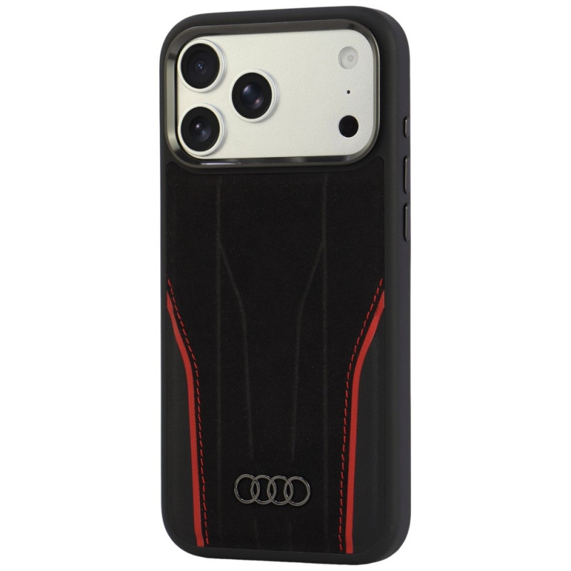 Audi R8 Genuine Leather MagSafe apvalks no īstas ādas iPhone 18 Pro Max / 17 Pro Max, melns ar sarkanu (AUDI000240)