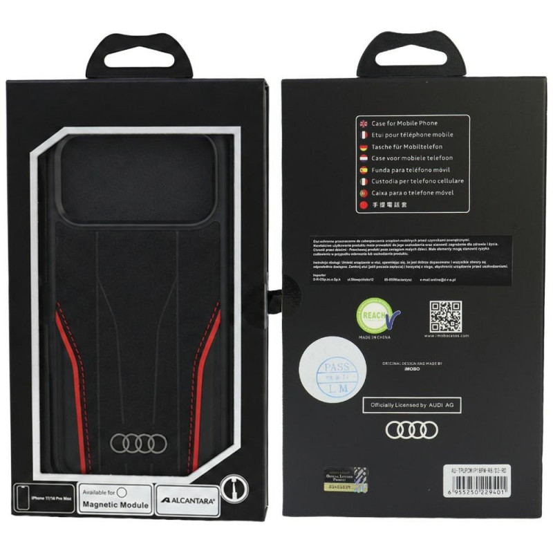 Audi R8 Genuine Leather MagSafe apvalks no īstas ādas iPhone 18 Pro Max / 17 Pro Max, melns ar sarkanu (AUDI000240)