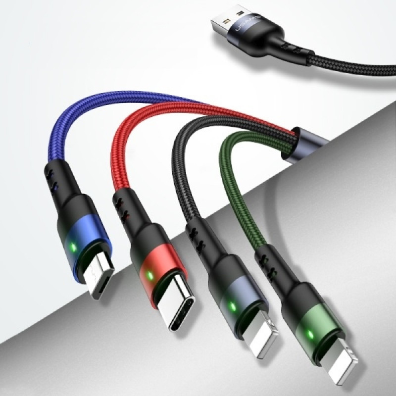 USAMS U26 SJ413USB01 (US-SJ413) 4 vienā pīts neilona kabelis, 3 m, 2 A (2x Lightning/microUSB/USB-C)