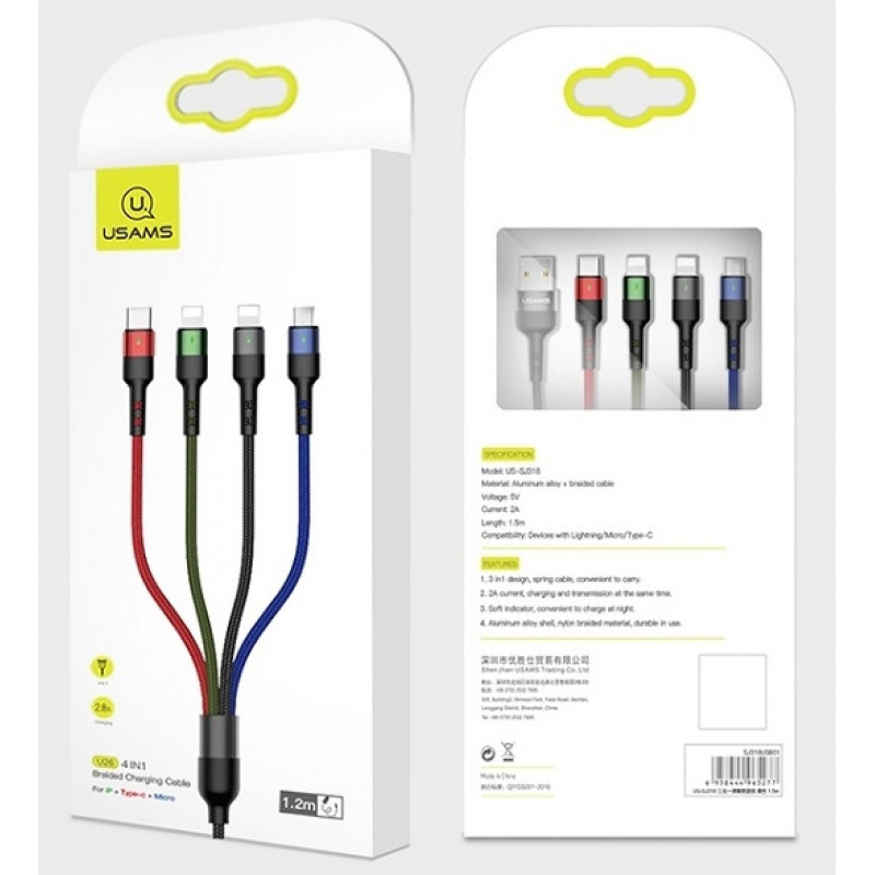 USAMS U26 SJ413USB01 (US-SJ413) 4 vienā pīts neilona kabelis, 3 m, 2 A (2x Lightning/microUSB/USB-C)