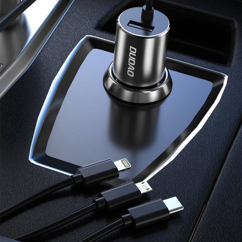 Dudao R5ProN auto lādētājs ar iebūvētu 3 vienā vadu (Lightning / USB-C / micro USB), 3,4 A, 1 m, melns