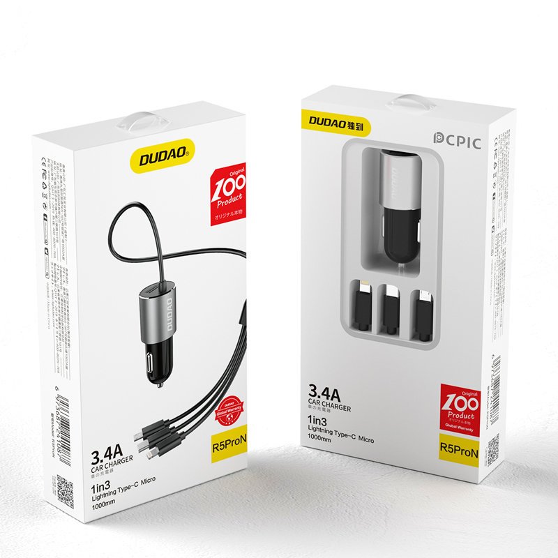 Dudao R5ProN auto lādētājs ar iebūvētu 3 vienā vadu (Lightning / USB-C / micro USB), 3,4 A, 1 m, melns