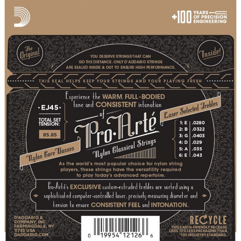 Daddario D'Addario EJ45 Pro-Arté neilona klasiskās ģitāras stīgas, normāls spriegojums, 28-43
