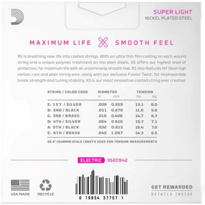 Daddario D'Addario XSE0942 elektriskās ģitāras stīgas, Super Light 9–42