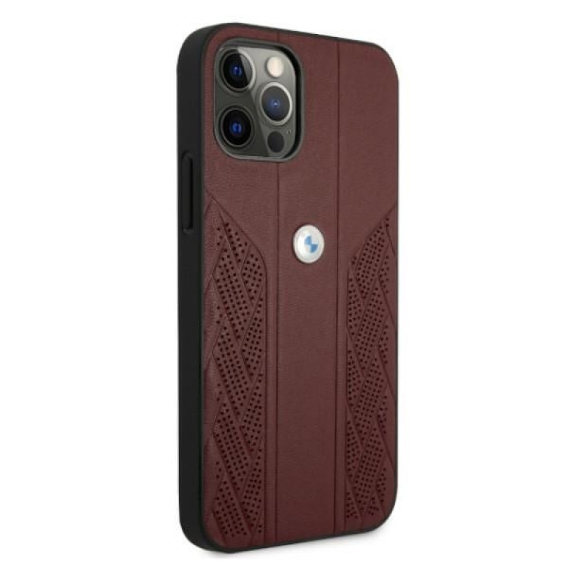 BMW BMHCP12MRSPPR Curve Perforate ādas cietais apvalks, paredzēts Apple iPhone 12 / 12 Pro, sarkans