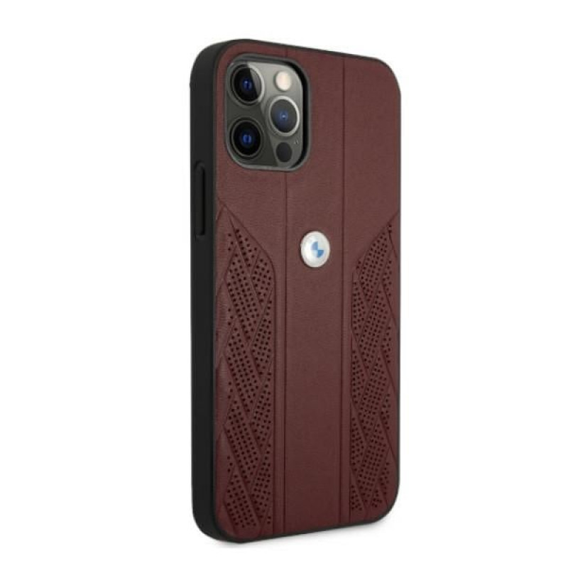 BMW BMHCP12LRSPPR Curve Perforate ādas cietais apvalks, paredzēts Apple iPhone 12 Pro Max, sarkans