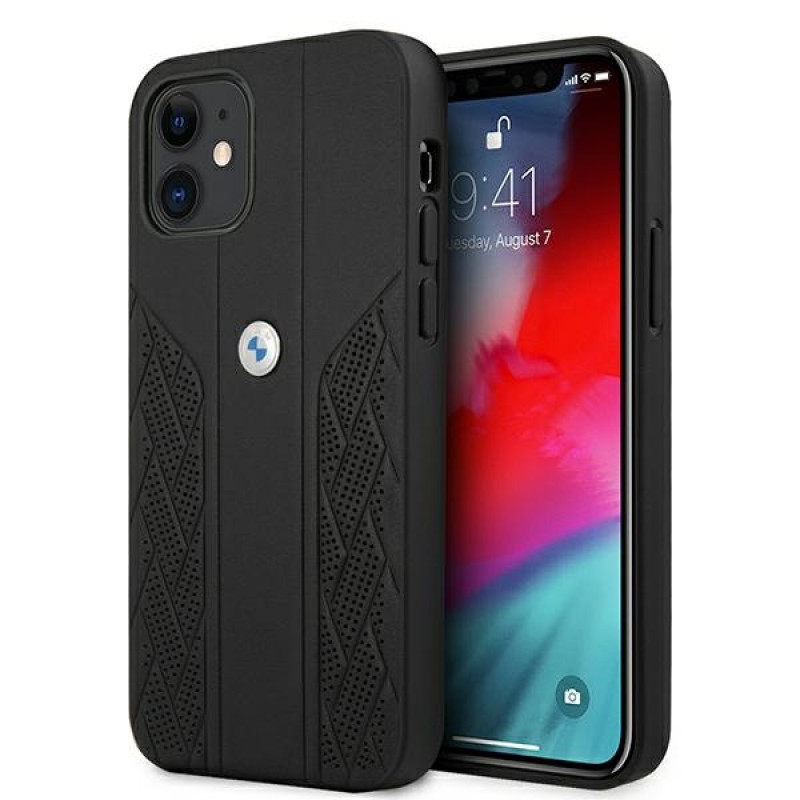BMW BMHCP12SRSPPK Curve Perforate ādas cietais apvalks, paredzēts Apple iPhone 12 mini, melns