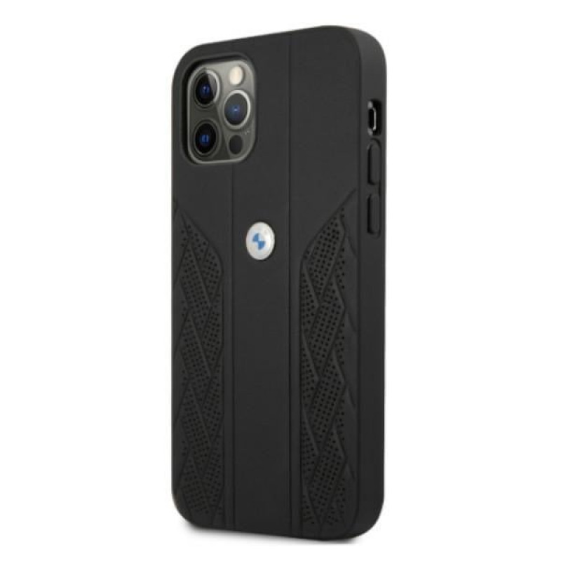 BMW BMHCP12MRSPPK Curve Perforate ādas cietais apvalks, paredzēts Apple iPhone 12 / 12 Pro, melns