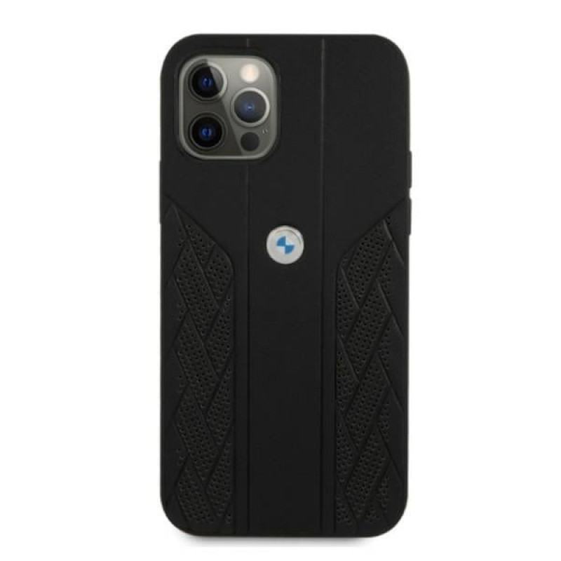 BMW BMHCP12MRSPPK Curve Perforate ādas cietais apvalks, paredzēts Apple iPhone 12 / 12 Pro, melns