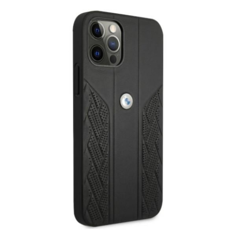 BMW BMHCP12MRSPPK Curve Perforate ādas cietais apvalks, paredzēts Apple iPhone 12 / 12 Pro, melns