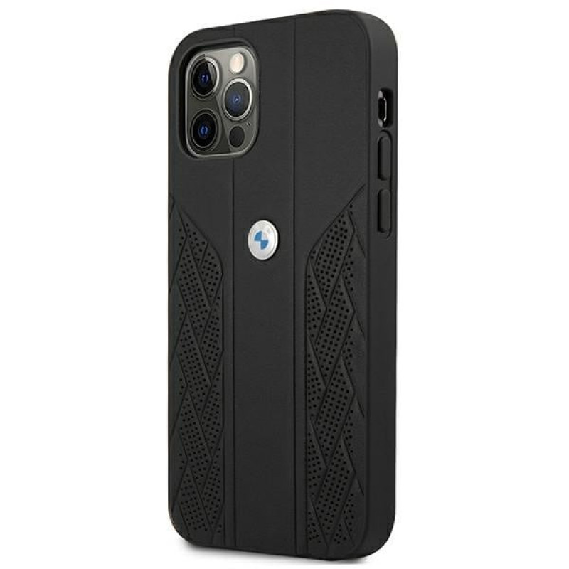BMW BMHCP12LRSPPK Curve Perforate ādas cietais apvalks, paredzēts Apple iPhone 12 Pro Max, melns