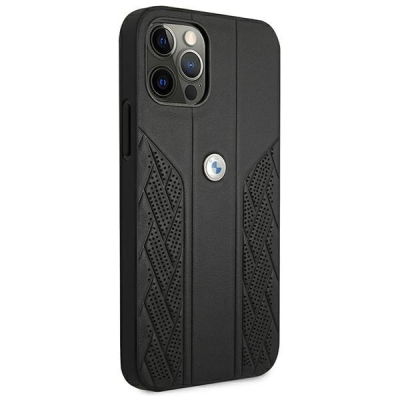 BMW BMHCP12LRSPPK Curve Perforate ādas cietais apvalks, paredzēts Apple iPhone 12 Pro Max, melns